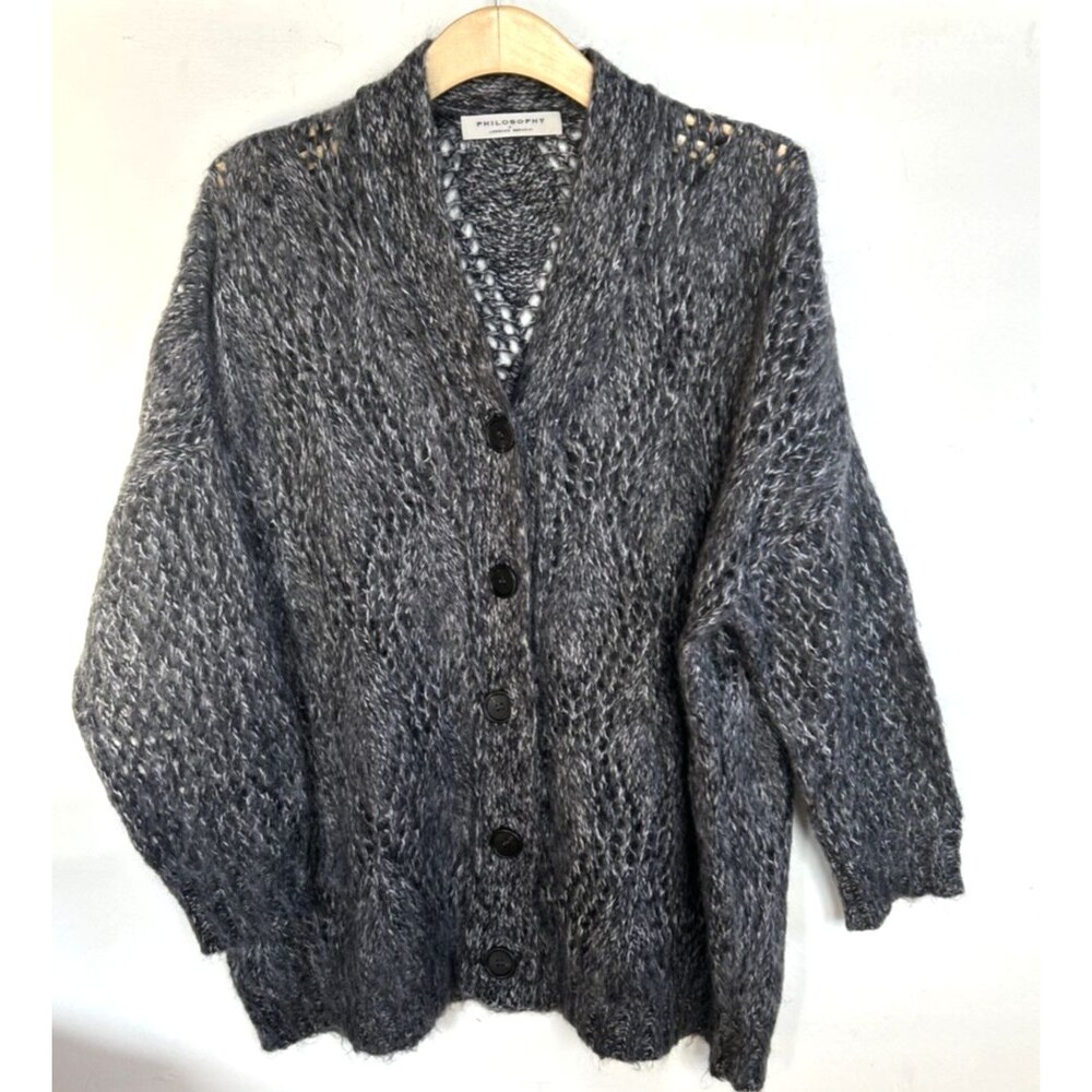 Philosophy di Lorenzo Serafini Open Knit Marled Cardigan Mohair Wool Blend US 2